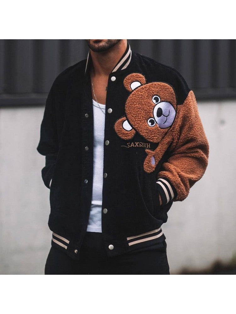 Teddy Bear Patchwork Black Men Baseball Coats KT288