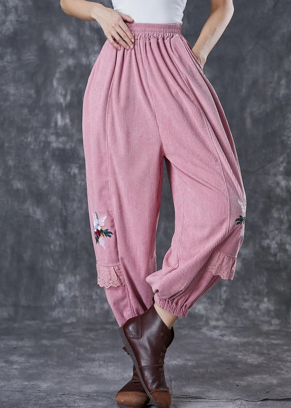 Pink Patchwork Corduroy Harem Pants Embroidered Fall Ada Fashion