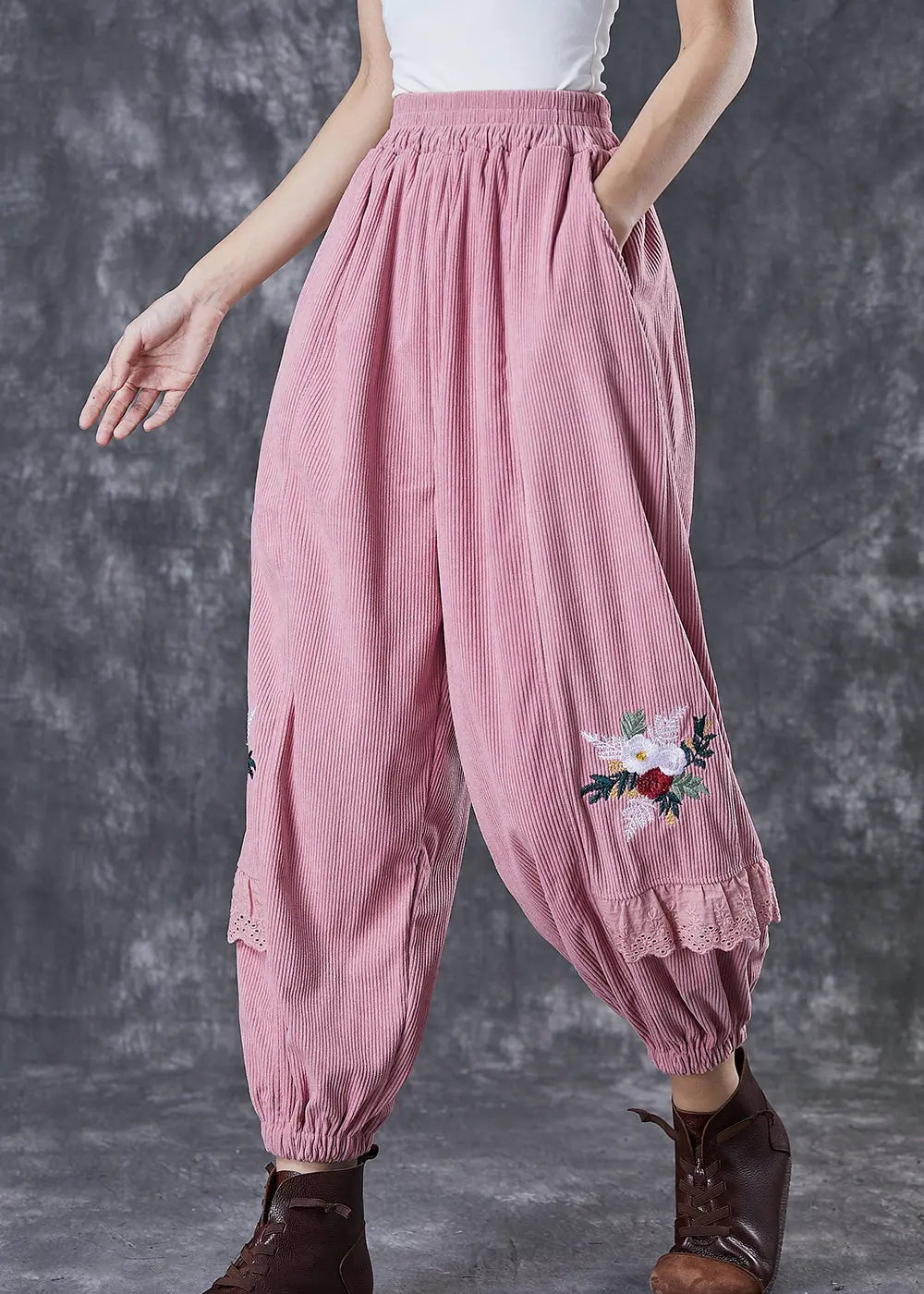 Pink Patchwork Corduroy Harem Pants Embroidered Fall Ada Fashion