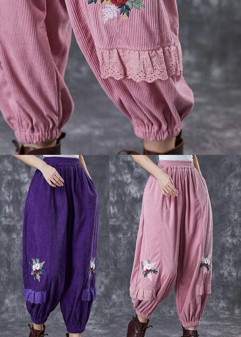 Pink Patchwork Corduroy Harem Pants Embroidered Fall Ada Fashion