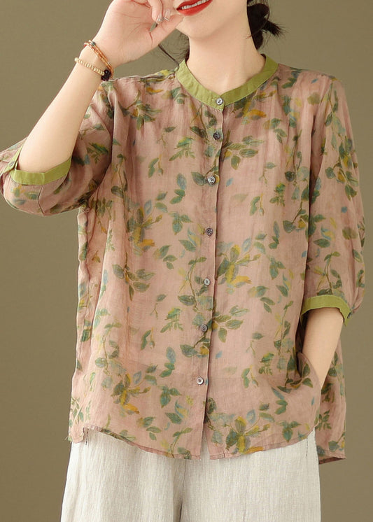 Pink Patchwork Linen Blouse Tops Stand Collar Button Summer LY3968