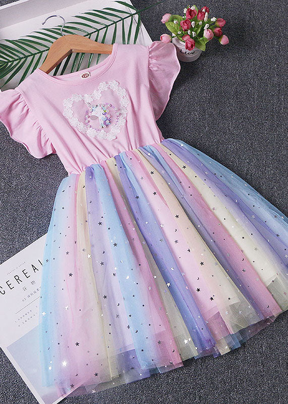 Rosa Patchwork Tüll Baby Mädchen Kleid Pony Pailletten Faltig Sommer