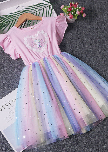 Robe rose en tulle patchwork pour bébé fille, paillettes poney froissées, été