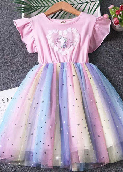 Robe rose en tulle patchwork pour bébé fille, paillettes poney froissées, été