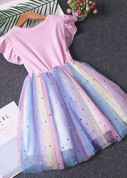 Robe rose en tulle patchwork pour bébé fille, paillettes poney froissées, été