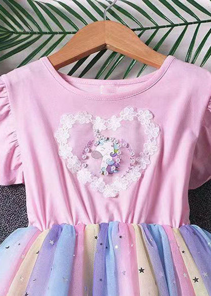 Robe rose en tulle patchwork pour bébé fille, paillettes poney froissées, été