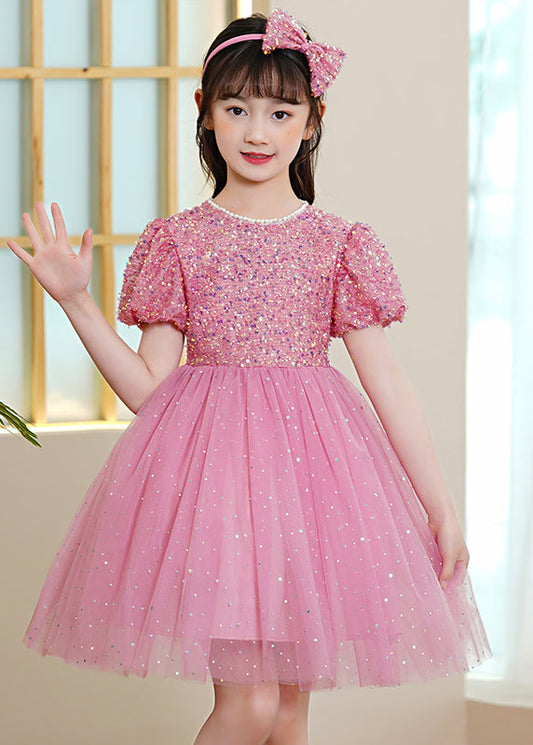 Pink Patchwork Tulle Kids Girls Maxi Dresses Sequins Exra Large Hem Puff Sleeve