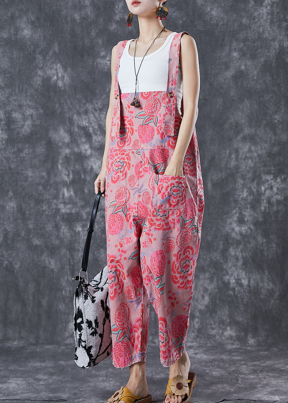 Pink Print Denim Jumpsuit Oversized Pockets Summer LY6775