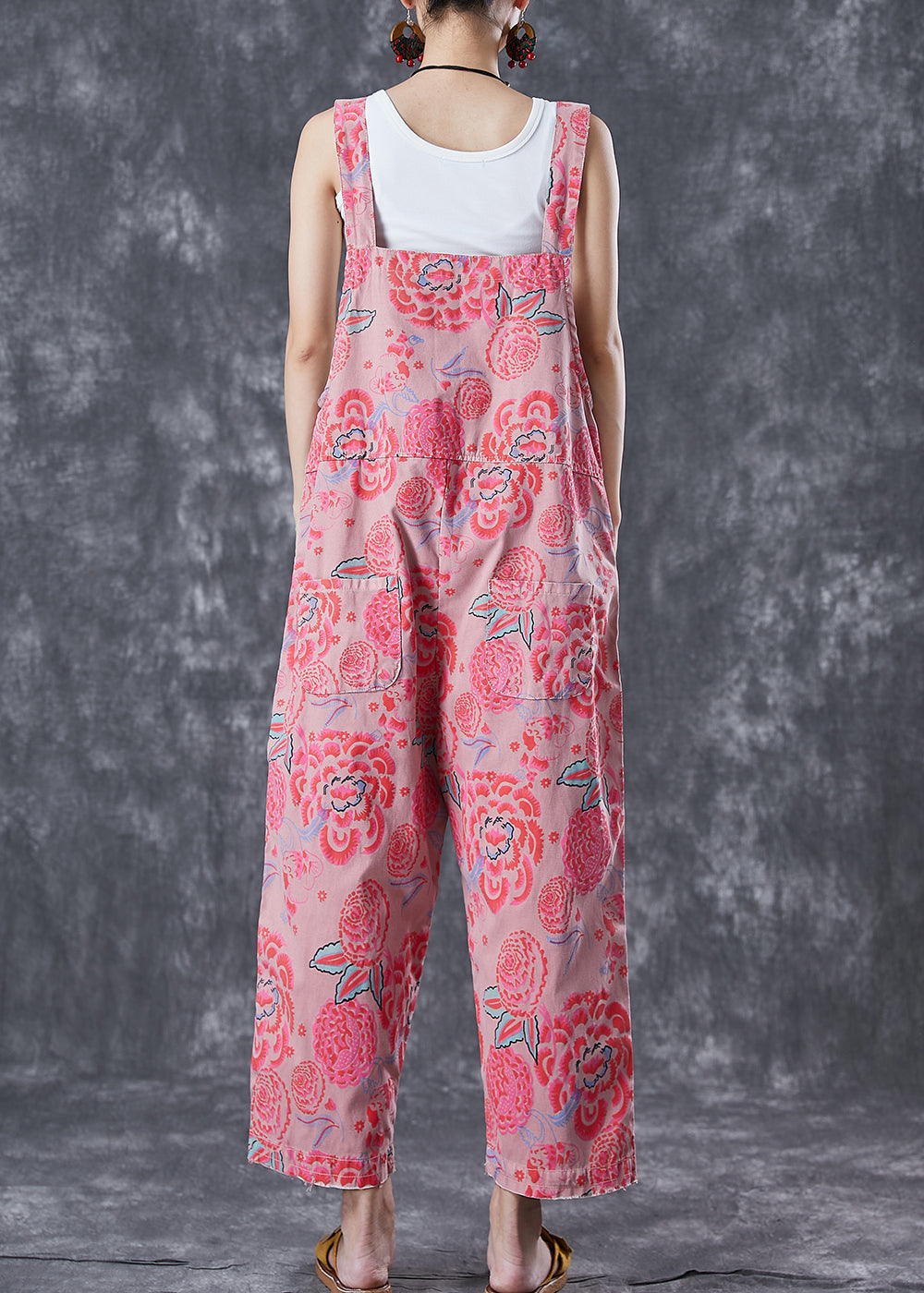 Pink Print Denim Jumpsuit Oversized Pockets Summer LY6775