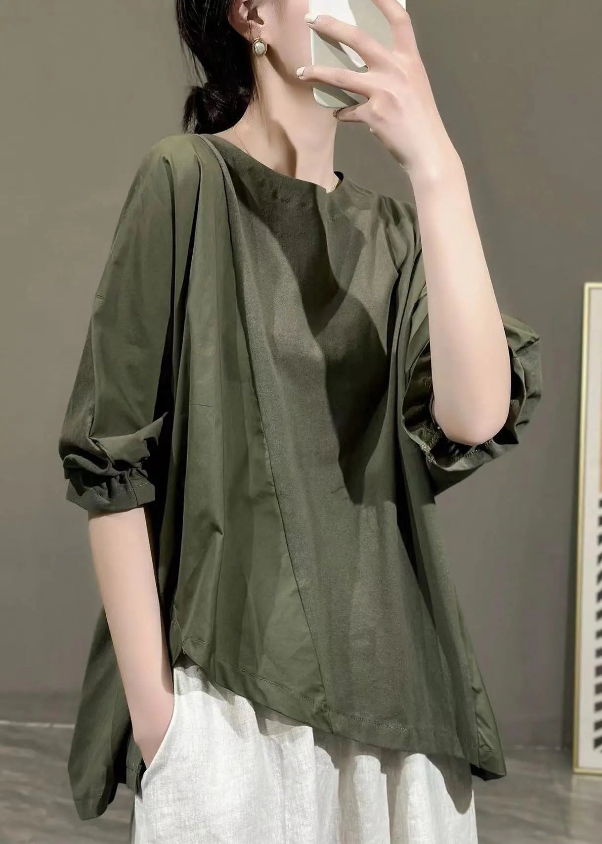 Plus Size Army Green Asymmetrical Ruffled Cotton T Shirt Half Sleeve Ada Fashion