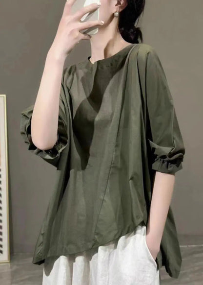 Plus Size Army Green Asymmetrical Ruffled Cotton T Shirt Half Sleeve Ada Fashion