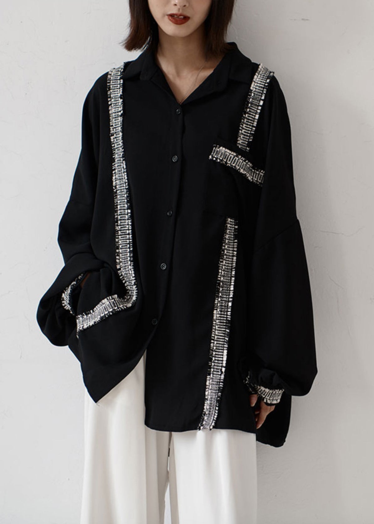 Plus Size Pockets Patchwork Chiffon Shirt