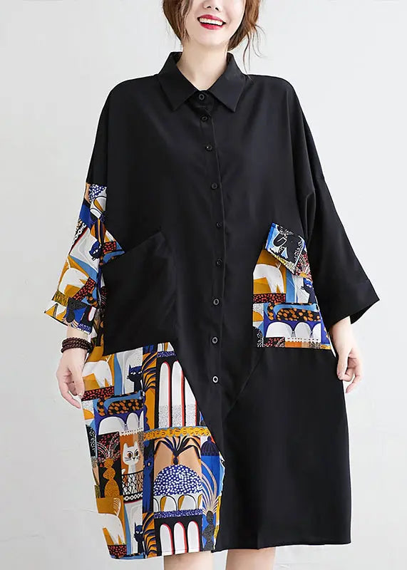 Plus Size Black Button Print Patchwork Cotton Blouses Dress Fall Ada Fashion