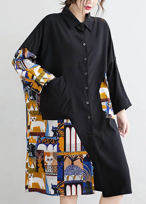 Plus Size Black Button Print Patchwork Cotton Blouses Dress Fall Ada Fashion