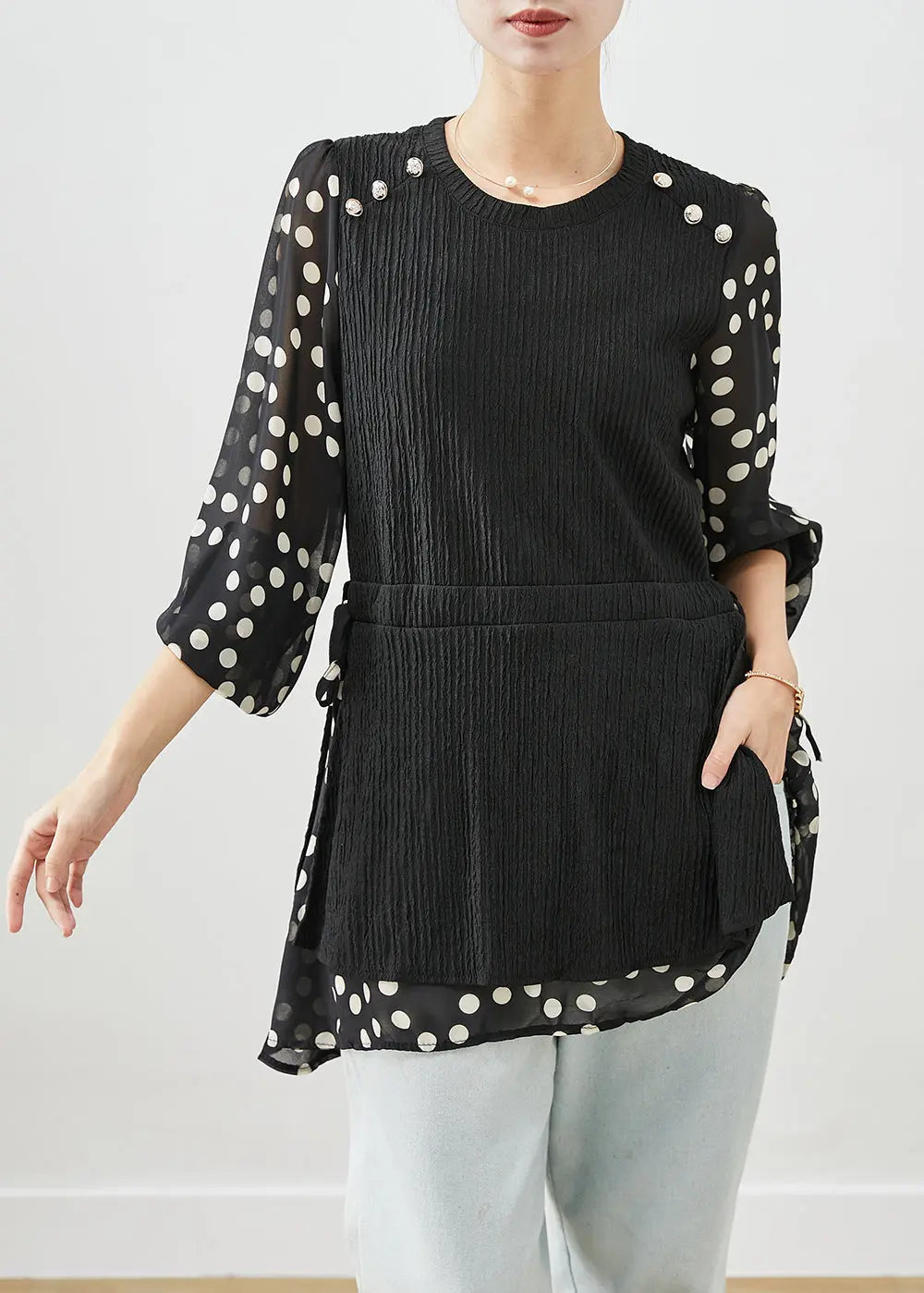 Plus Size Black Cinched Patchwork Fake Two Piece Shirt Top Fall Ada Fashion