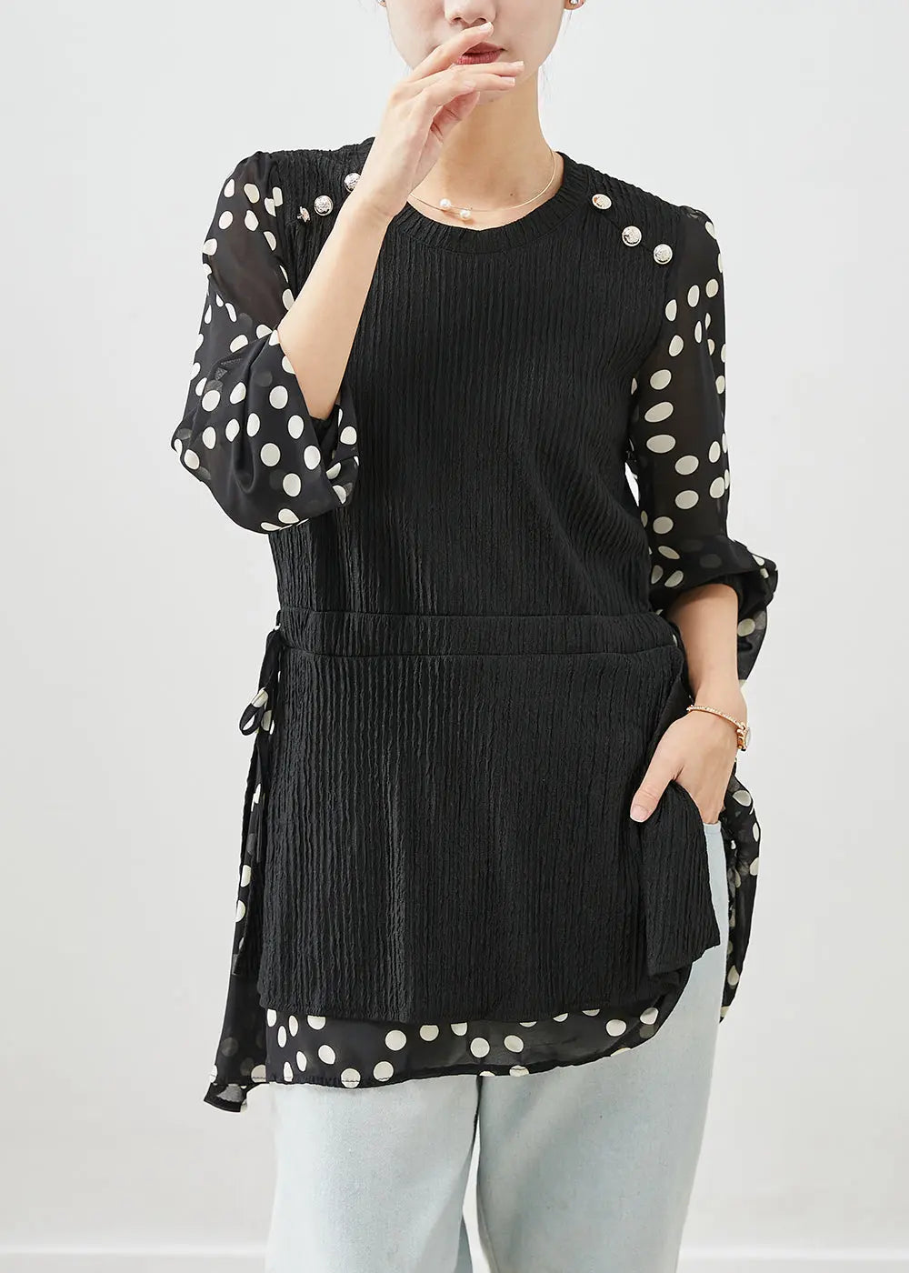 Plus Size Black Cinched Patchwork Fake Two Piece Shirt Top Fall Ada Fashion