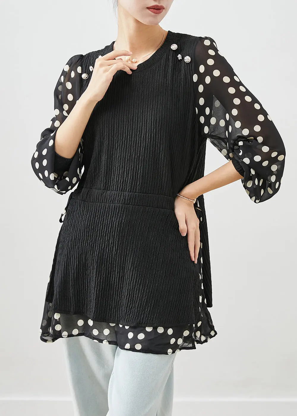 Plus Size Black Cinched Patchwork Fake Two Piece Shirt Top Fall Ada Fashion