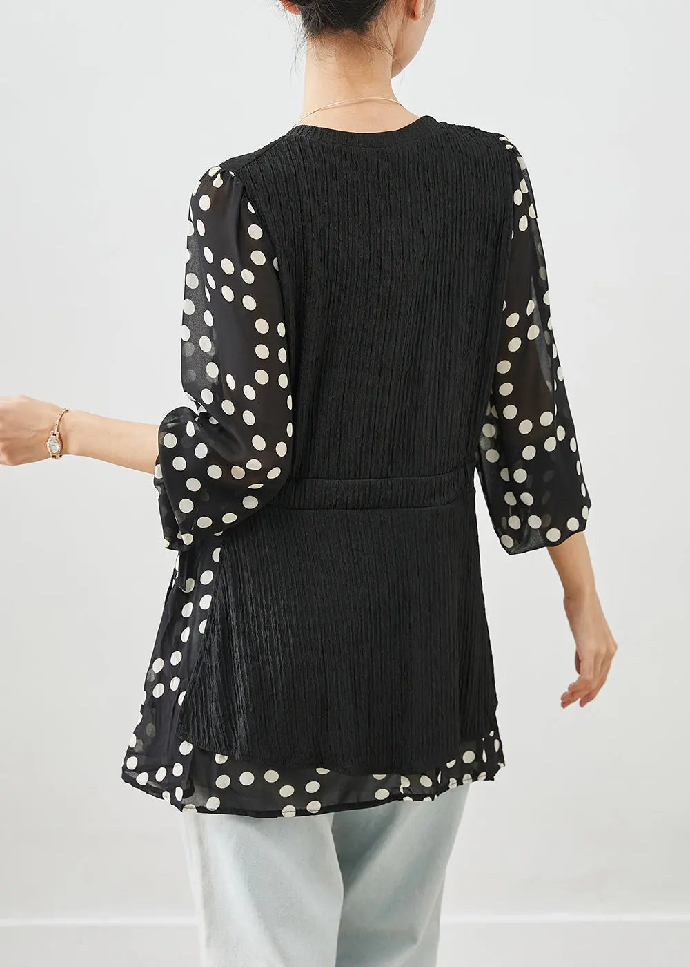 Plus Size Black Cinched Patchwork Fake Two Piece Shirt Top Fall Ada Fashion