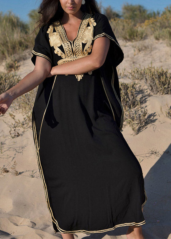 Plus Size Black Embroidered Kaftan Tunic Maxi Beach Dress Short Sleeve LY3016