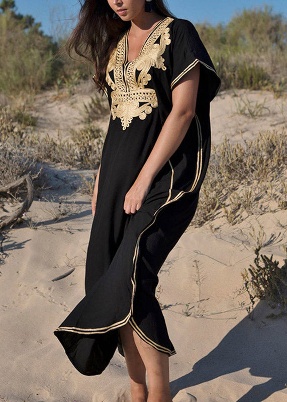Plus Size Black Embroidered Kaftan Tunic Maxi Beach Dress Short Sleeve LY3016