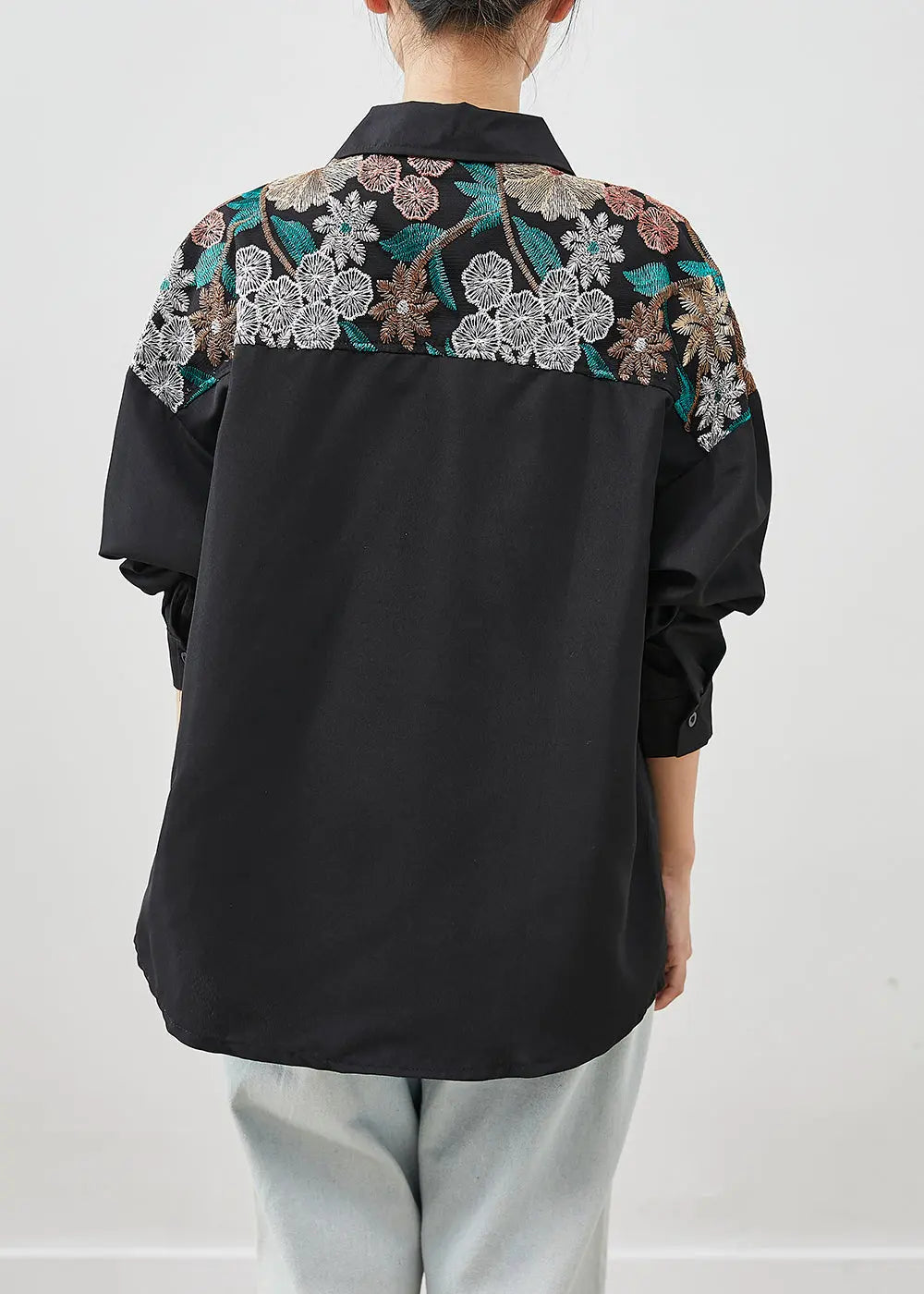 Plus Size Black Embroidered Patchwork Cotton Shirt Top Fall Ada Fashion