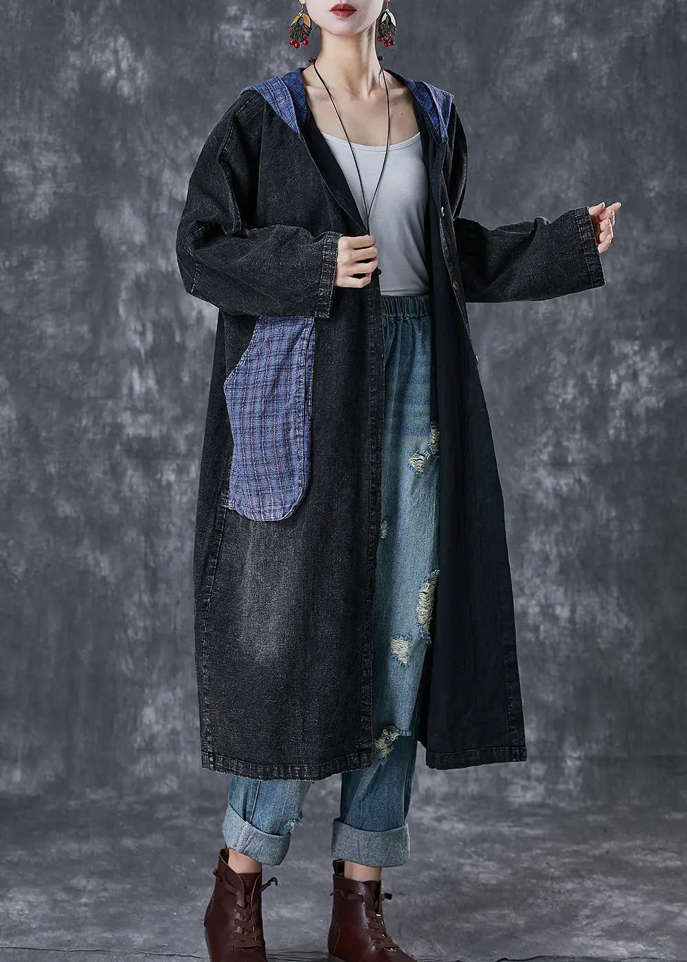 Plus Size Black Hooded Patchwork Big Pockets Denim Coats Fall Ada Fashion