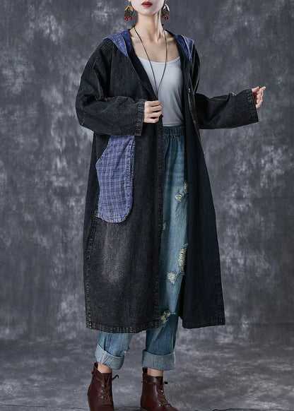 Plus Size Black Hooded Patchwork Big Pockets Denim Coats Fall Ada Fashion