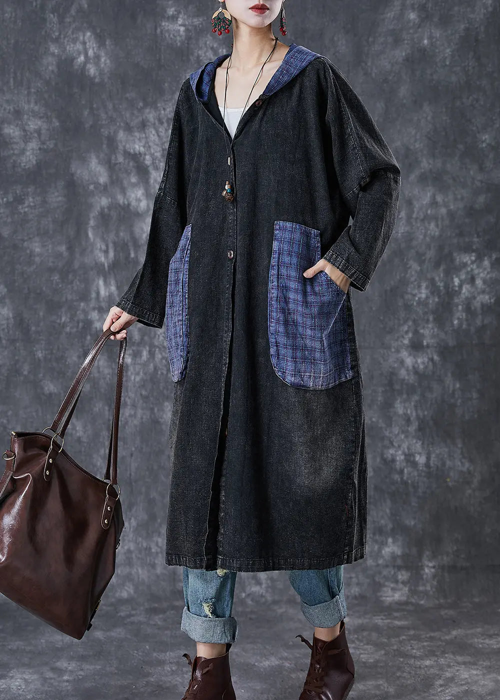 Plus Size Black Hooded Patchwork Big Pockets Denim Coats Fall Ada Fashion
