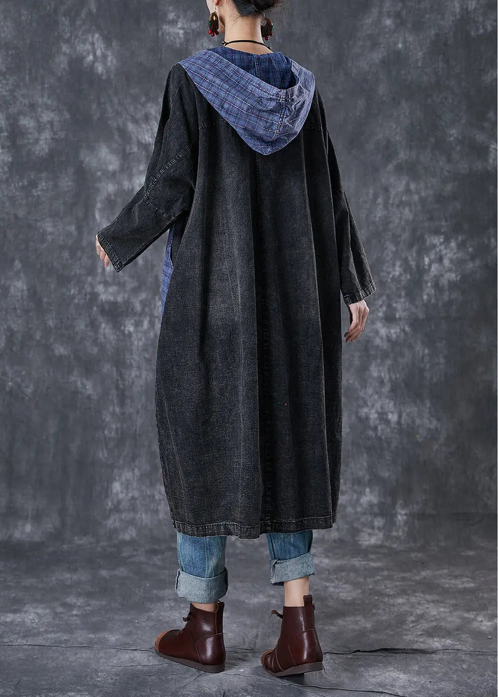 Plus Size Black Hooded Patchwork Big Pockets Denim Coats Fall Ada Fashion