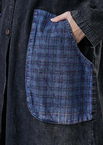 Plus Size Black Hooded Patchwork Big Pockets Denim Coats Fall Ada Fashion