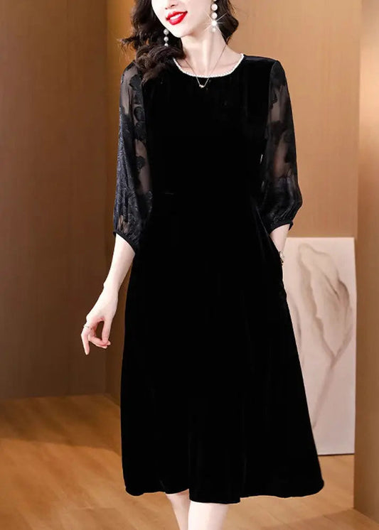 Plus Size Black O-Neck Embroidered Tulle Patchwork Silk Maxi Dresses Fall Ada Fashion