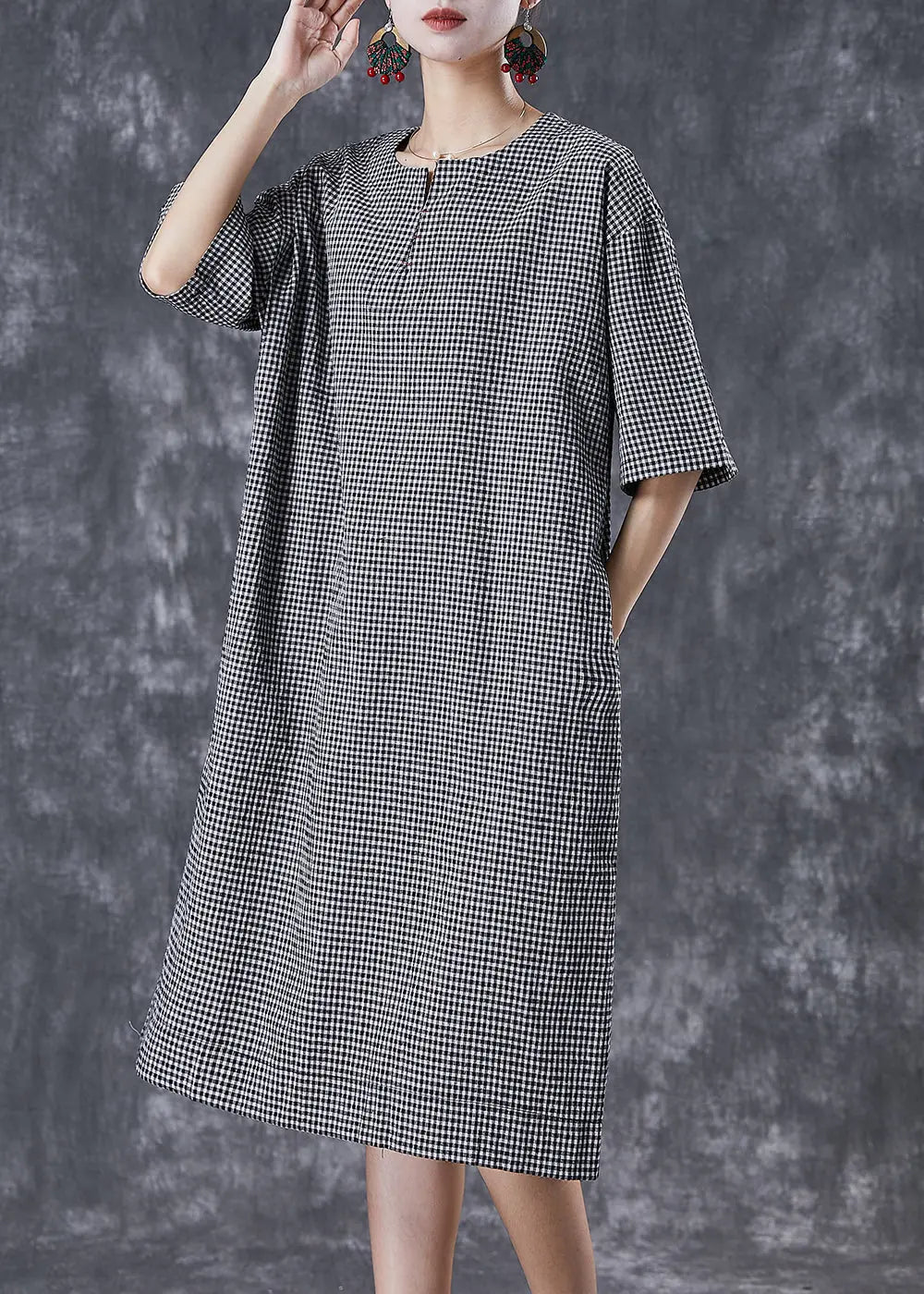 Plus Size Black Oversized Plaid Cotton Maxi Dresses Summer Ada Fashion