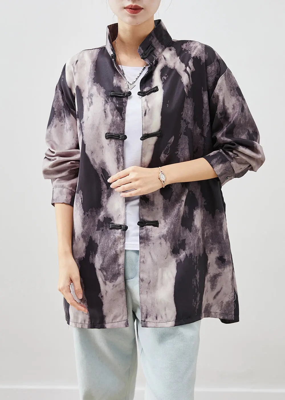 Plus Size Black Oversized Tie Dye Spandex Shirts Fall Ada Fashion