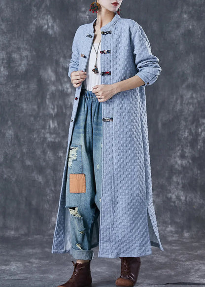 Plus Size Blue Grey Chinese Button Cotton Trench Coats Fall Ada Fashion