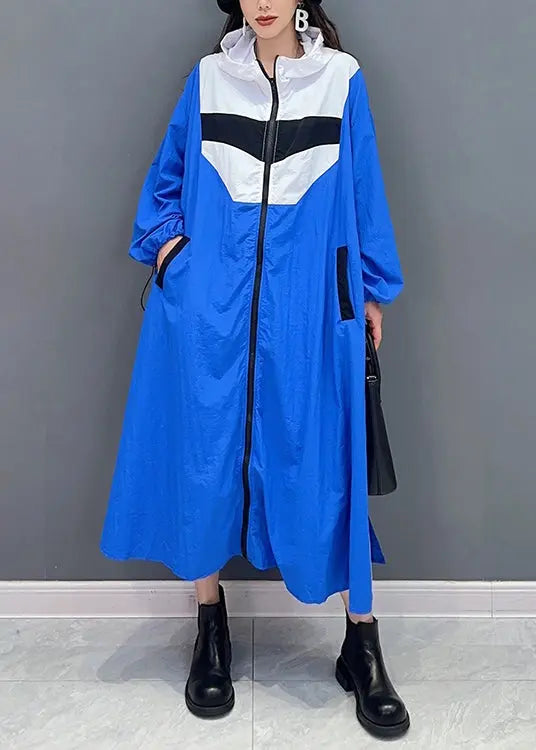 Plus Size Blue Hooded Pockets Patchwork Long Coat Fall Ada Fashion