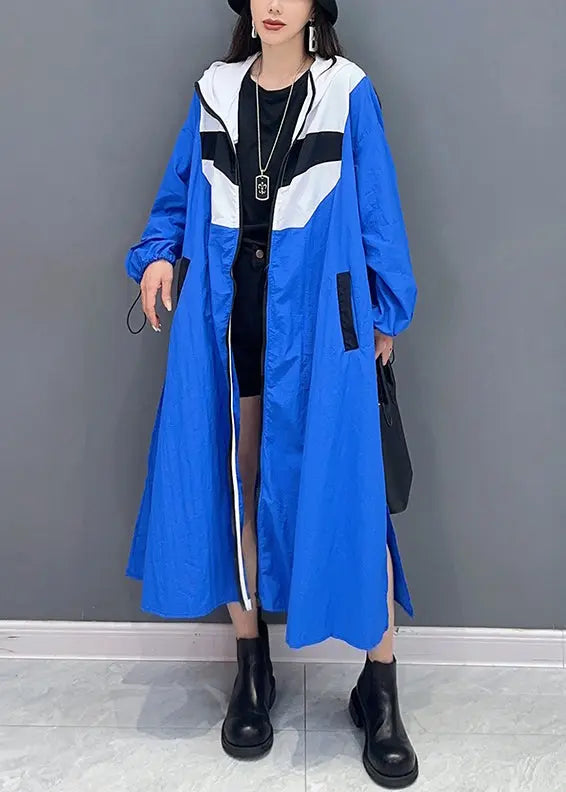 Plus Size Blue Hooded Pockets Patchwork Long Coat Fall Ada Fashion