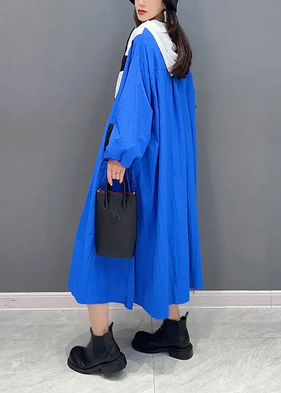 Plus Size Blue Hooded Pockets Patchwork Long Coat Fall Ada Fashion