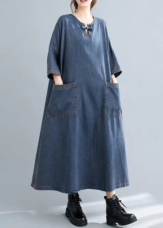 Plus Size Blue O Neck Pockets Patchwork Denim Long Dresses Fall Ada Fashion