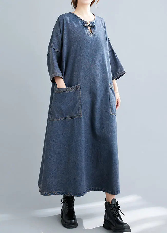 Plus Size Blue O Neck Pockets Patchwork Denim Long Dresses Fall Ada Fashion