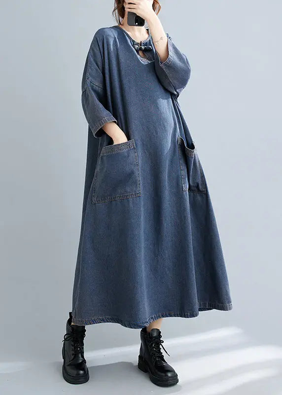 Plus Size Blue O Neck Pockets Patchwork Denim Long Dresses Fall Ada Fashion