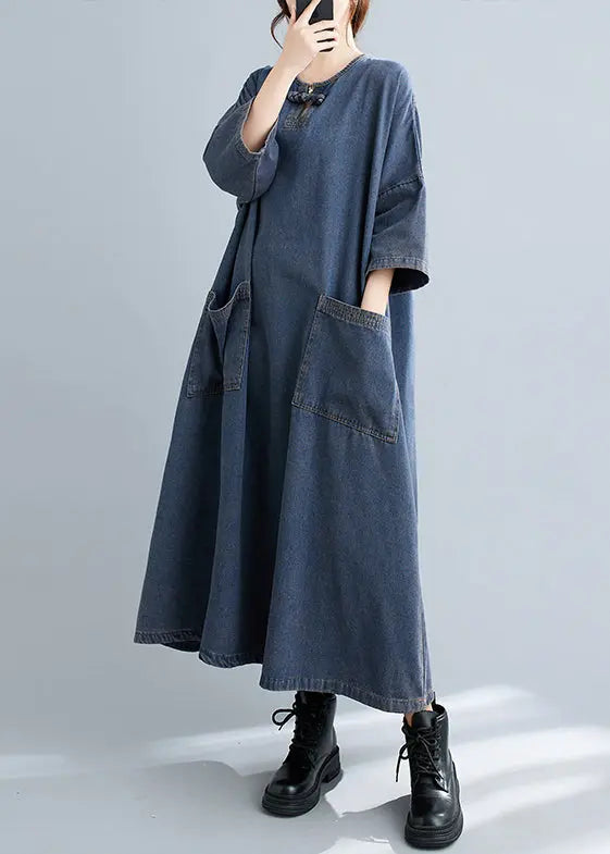 Plus Size Blue O Neck Pockets Patchwork Denim Long Dresses Fall Ada Fashion