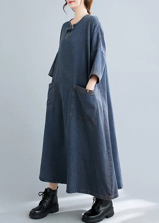 Plus Size Blue O Neck Pockets Patchwork Denim Long Dresses Fall Ada Fashion