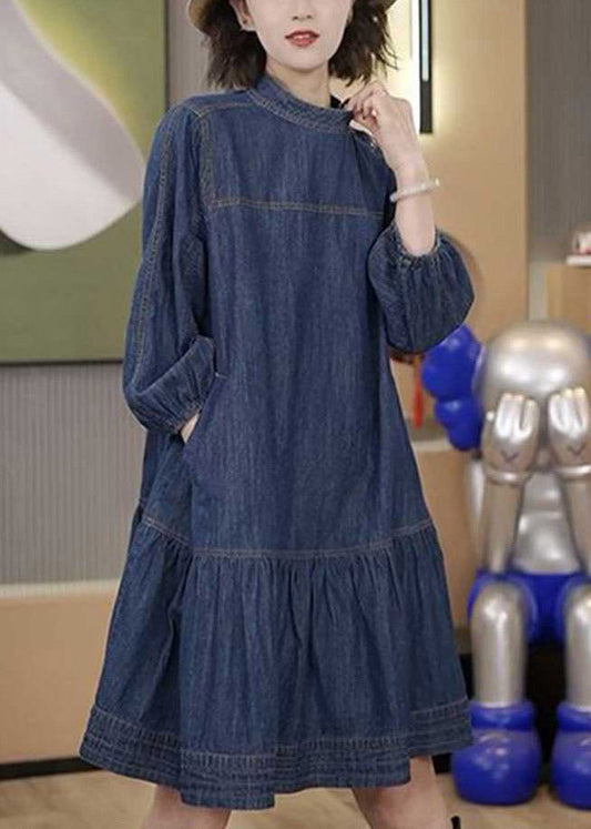 Plus Size Blue Patchwork Wrinkled Denim Mid Dresses Long Sleeve LY4430