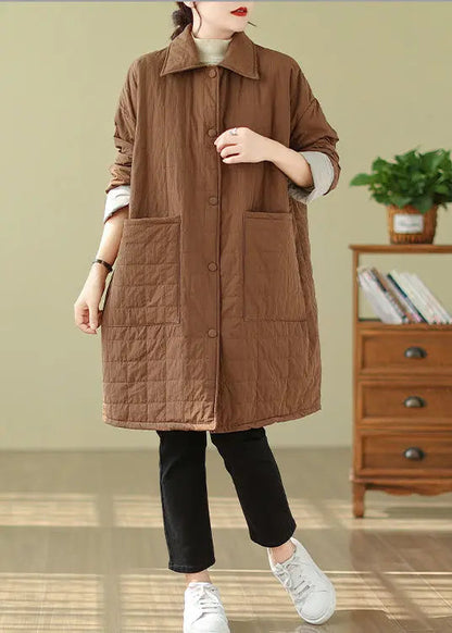 Plus Size Coffee Peter Pan Collar Pockets Fine Cotton Filled Coat Winter Ada Fashion