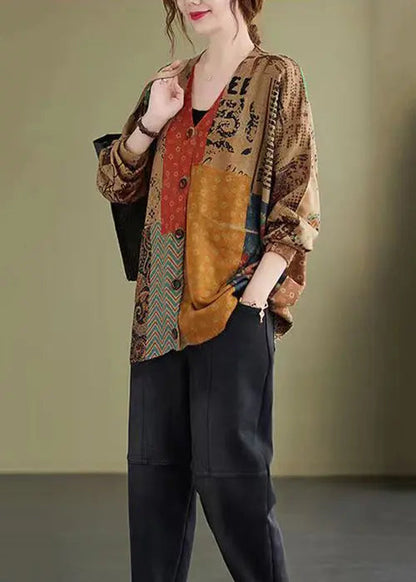 Plus Size Colorblock V Neck Button Knitting Cotton Coat Fall Ada Fashion