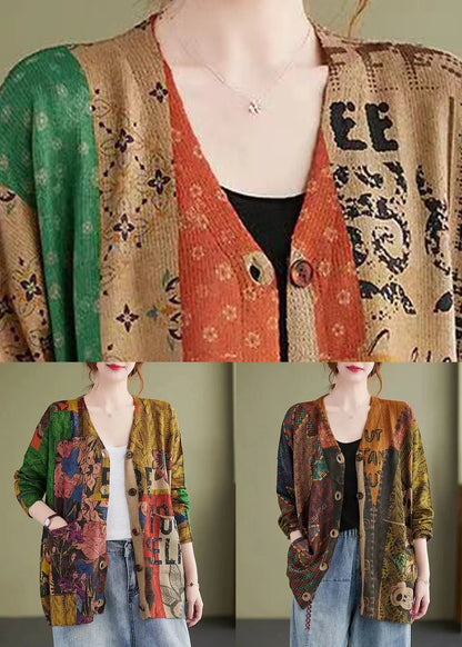 Plus Size Colorblock V Neck Button Knitting Cotton Coat Fall Ada Fashion