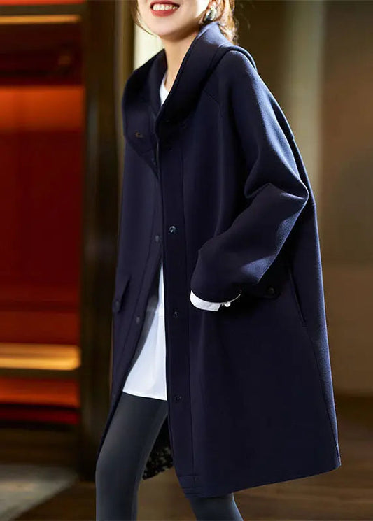 Plus Size Dark Blue Button Hooded Fleece Coats Fall Ada Fashion