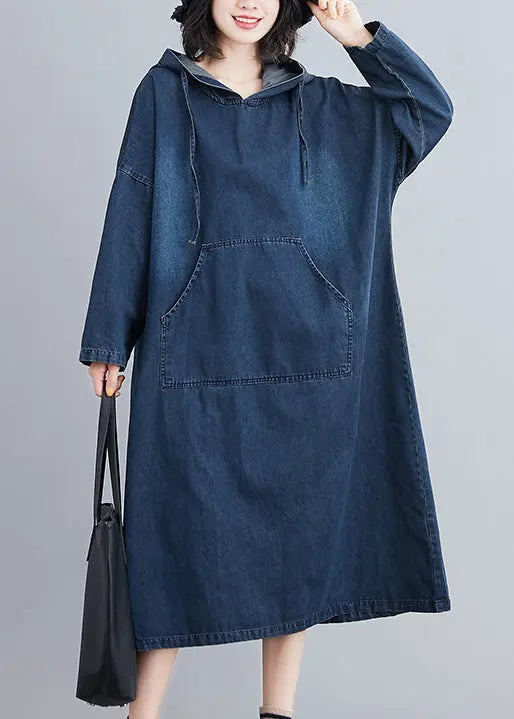 Plus Size Denim Blue Hooded Pockets Denim Long Dress Fall Ada Fashion