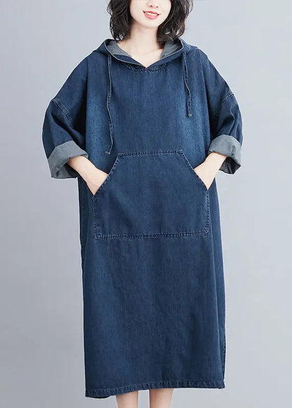 Plus Size Denim Blue Hooded Pockets Denim Long Dress Fall Ada Fashion