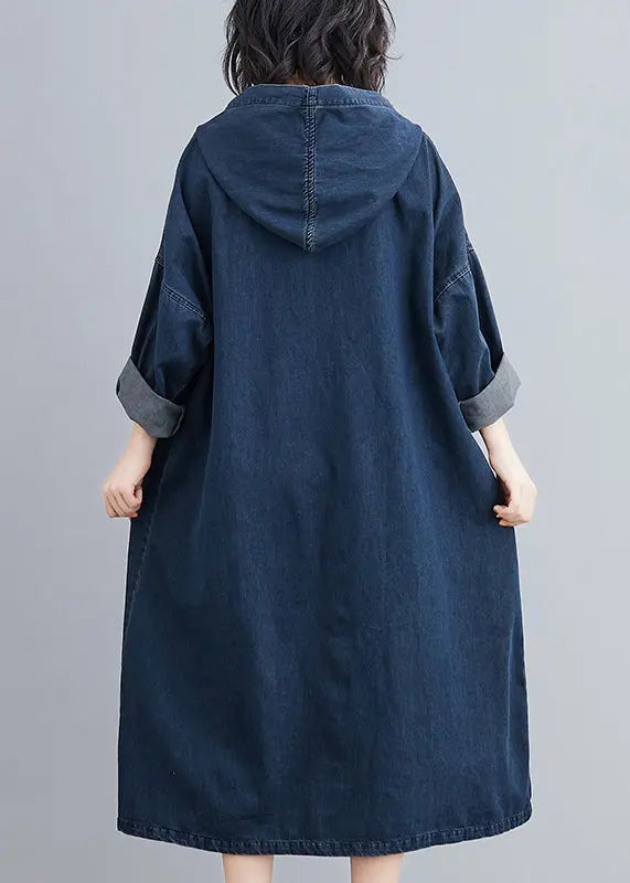 Plus Size Denim Blue Hooded Pockets Denim Long Dress Fall Ada Fashion